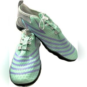 Water shoes Aqua green, pink, lavender, design. Size 7 Used + Black Pair Free!